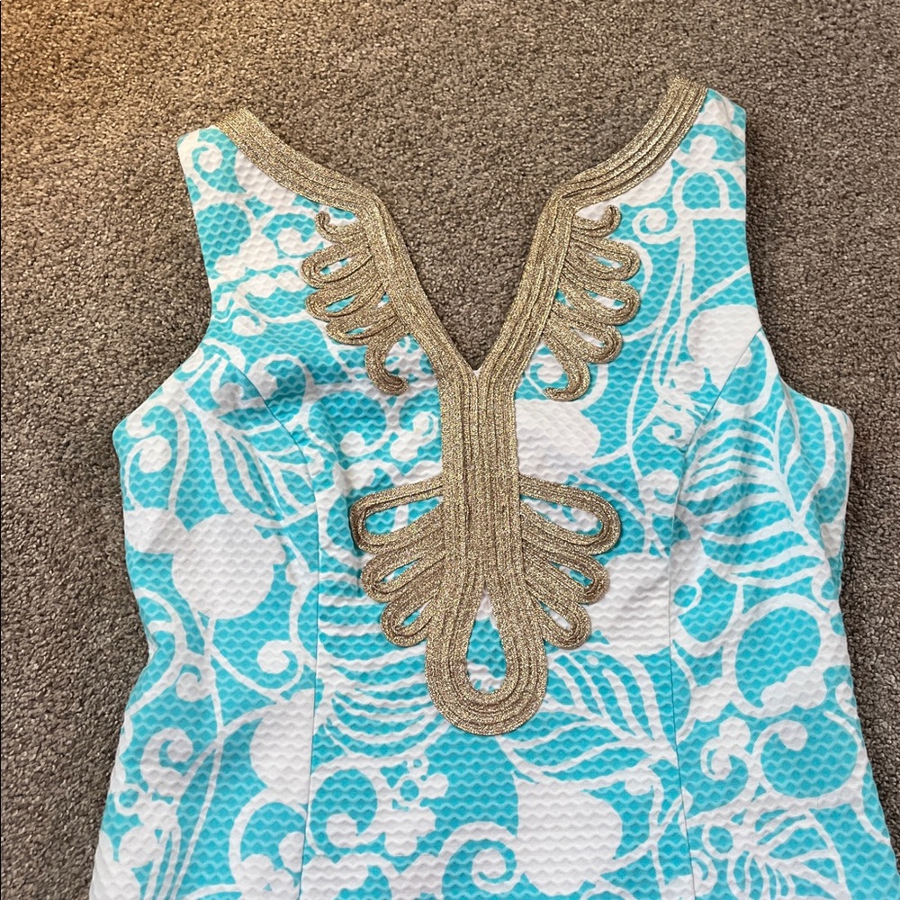 Lilly Pulitzer Janice Shift Dress 4, Aqua and White Printed with Gold Trim